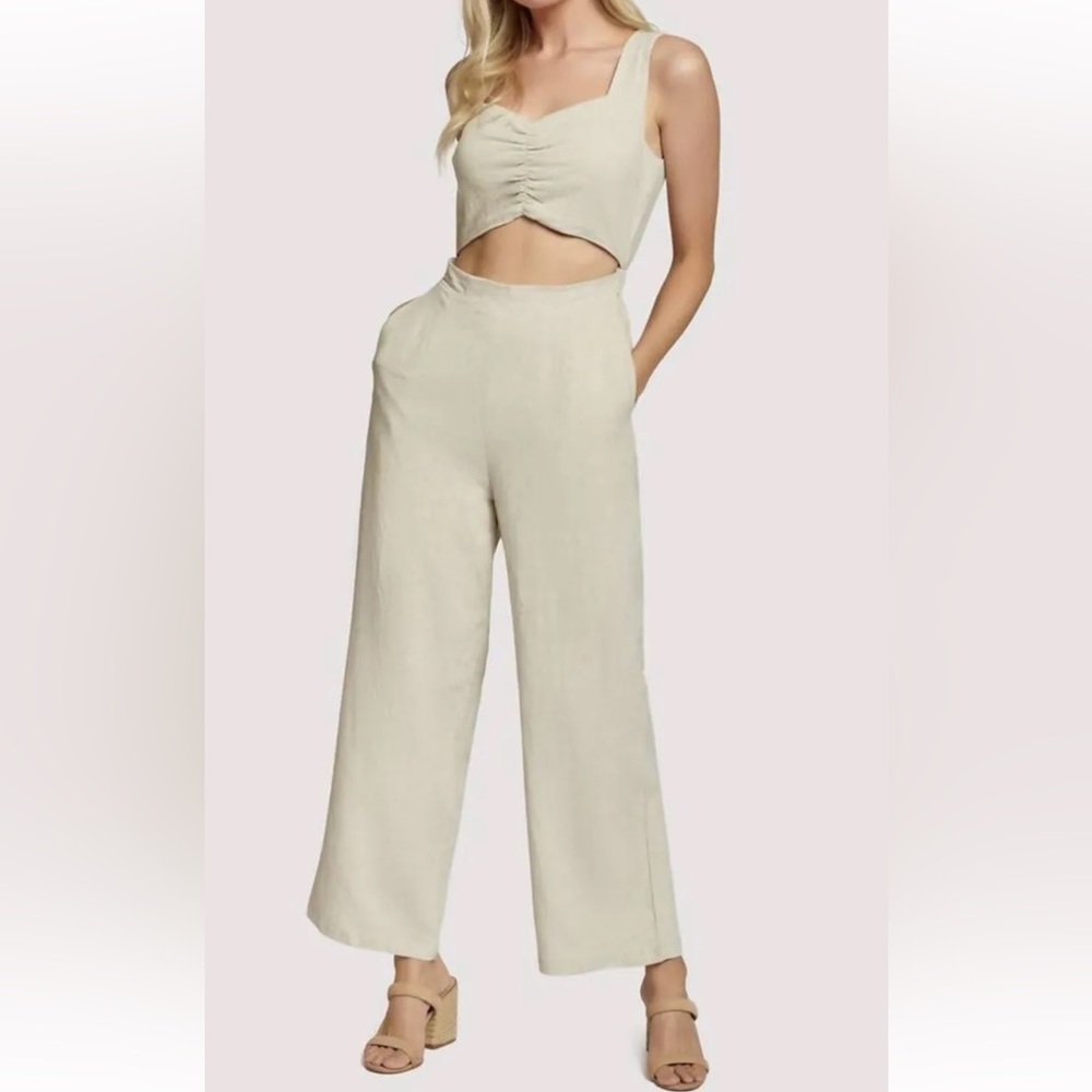 Lost+Wander Paducah Womens Beige Jumpsuit Zip Back Side Pockets Sz Large L